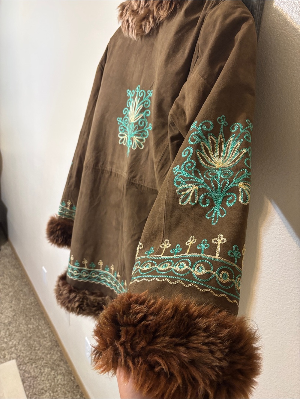 Penny lane Bohemian Embroidered Faux-Fur Trim Brown Coat - Picture 4 of 8